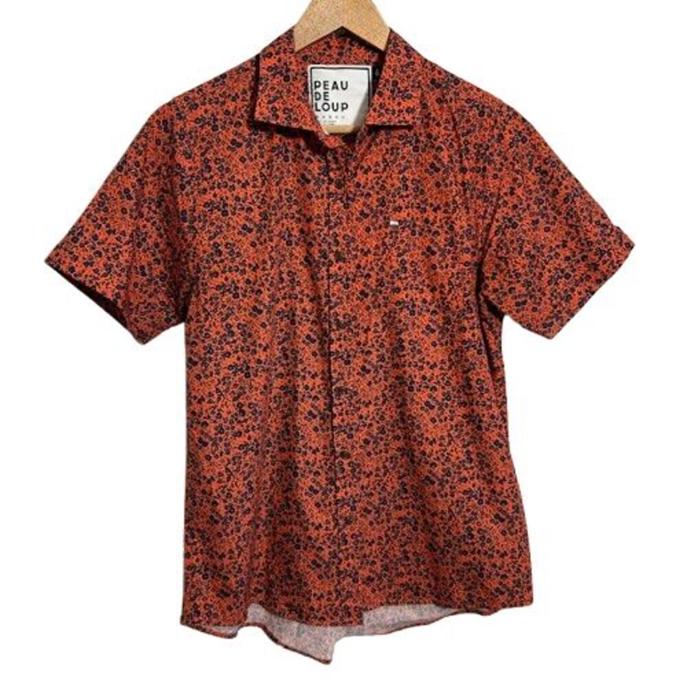 Peau De Loup Women Short Sleeve Button Up Top 6 Floral Blouse Red Navy Blue